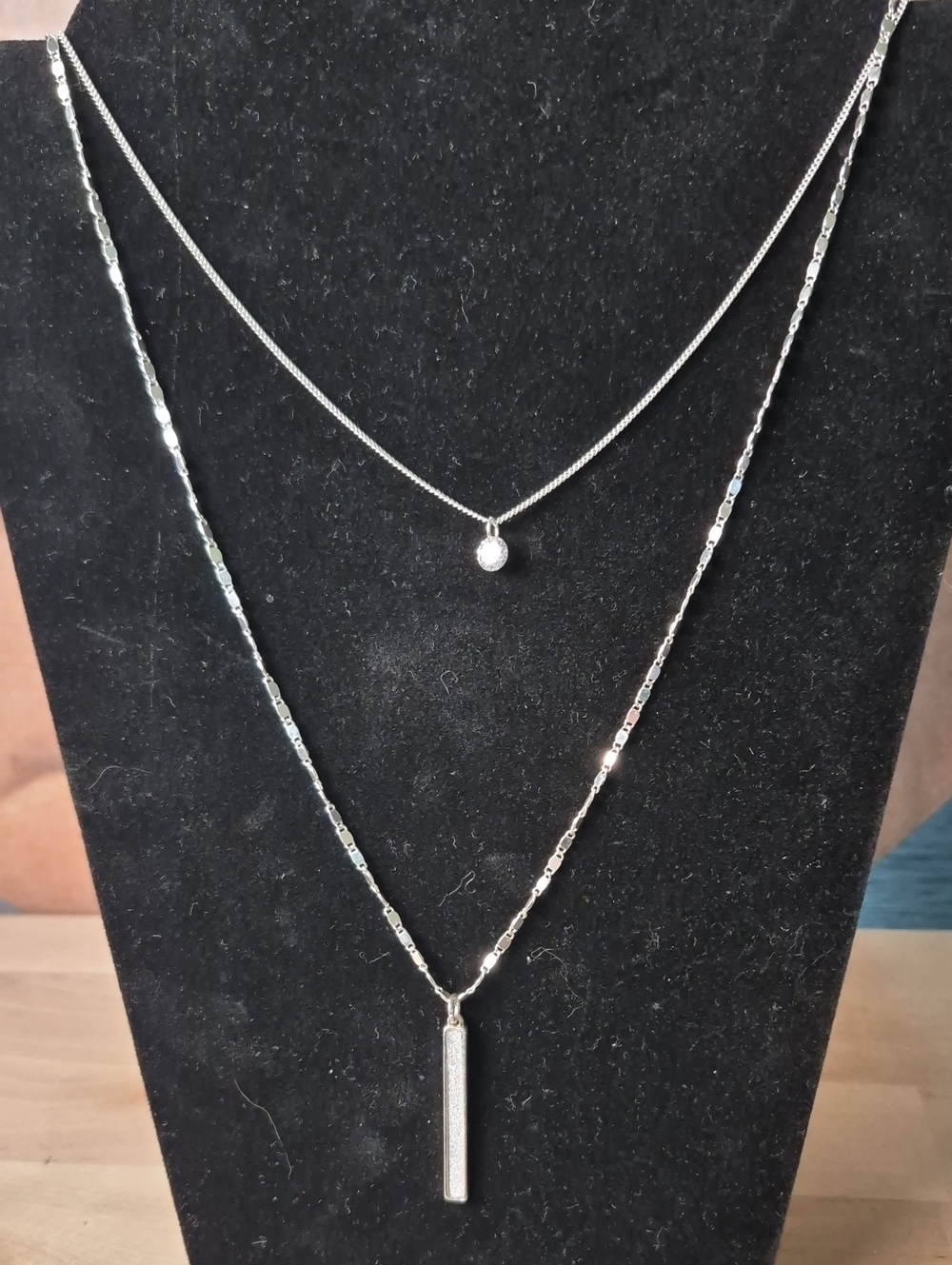 Silver Layered Bar and Pendant Necklace - Silver